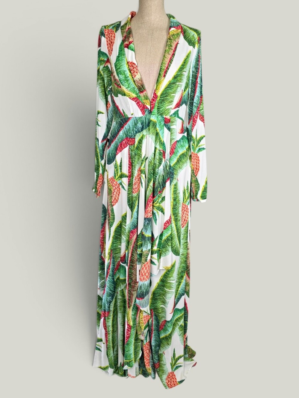 FARM Rio Pineapple Tropical Maxi Dress Womens S White Green Long Sleeve V Neck